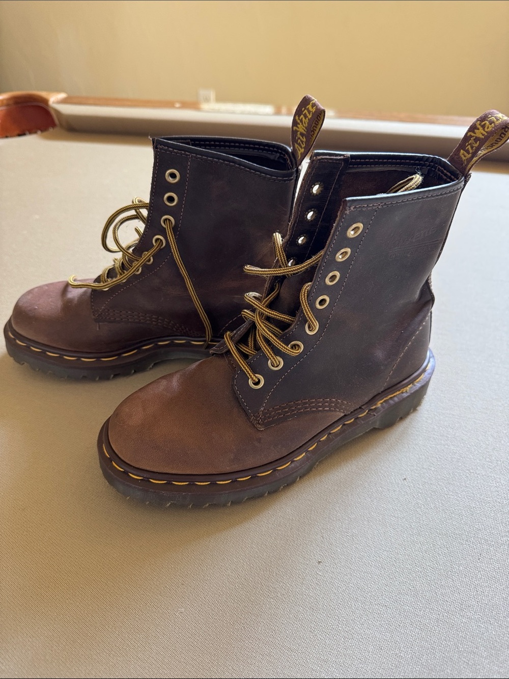 Dr. Martens Brown Leather Combat Boots with Yellow Stitching